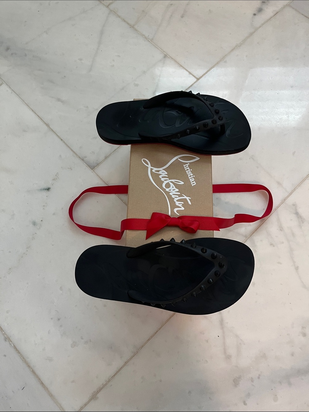 Christian Louboutin Black Studded Rubber Flip Flops